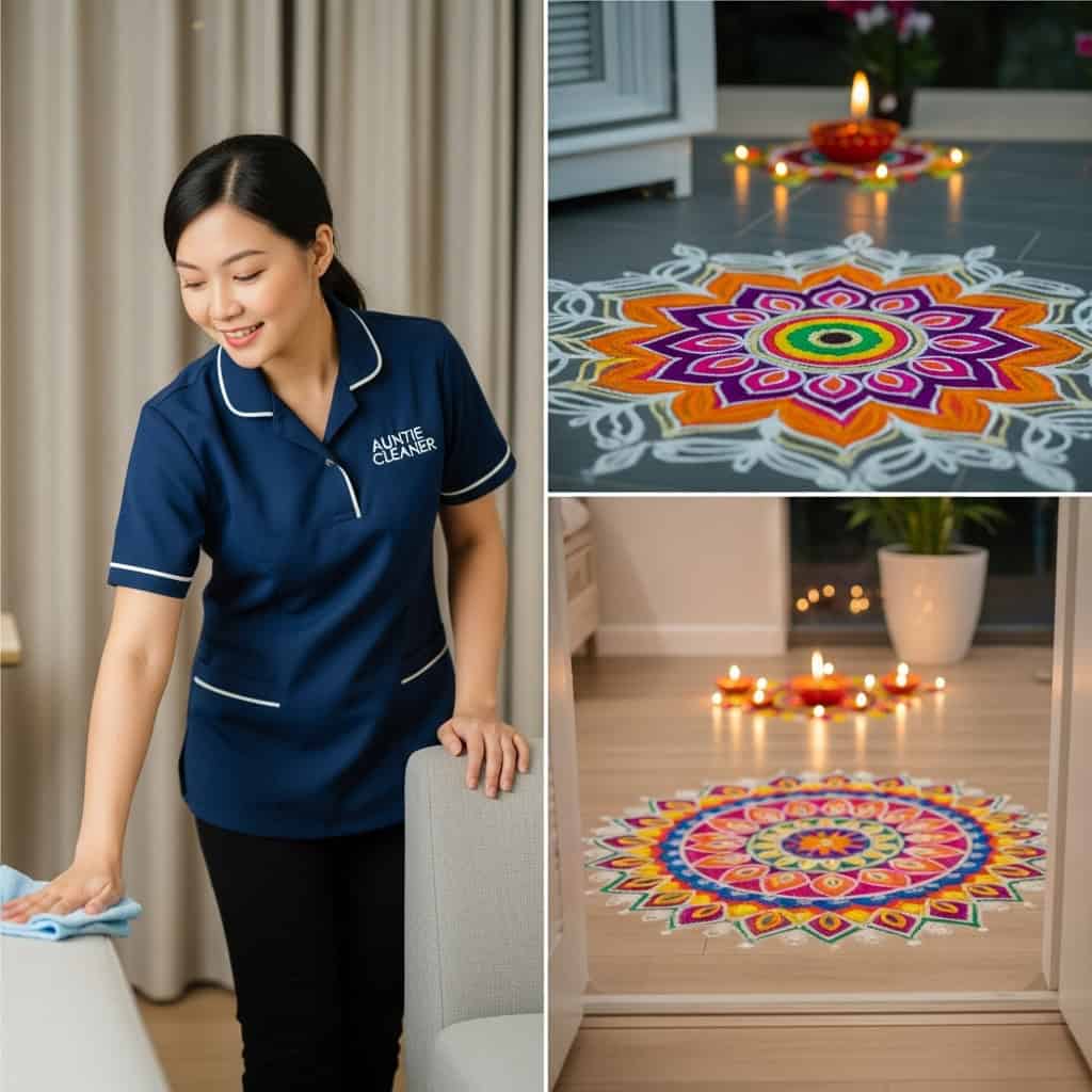 Auntie Cleaner professional cleaner wiping furniture with Diwali rangoli and festive lights in a Singapore home