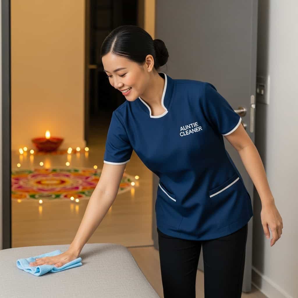 Auntie Cleaner spring cleaning service in Singapore before Diwali with rangoli and festive lights