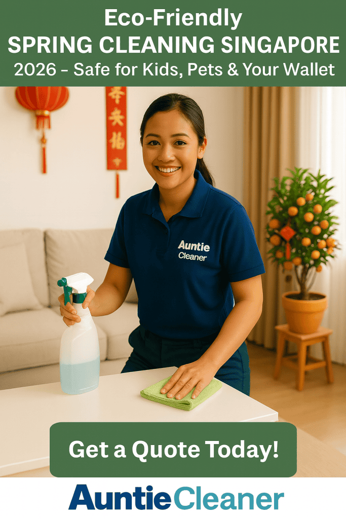 Auntie Cleaner professional in navy blue uniform providing eco-friendly spring cleaning in a Singapore home