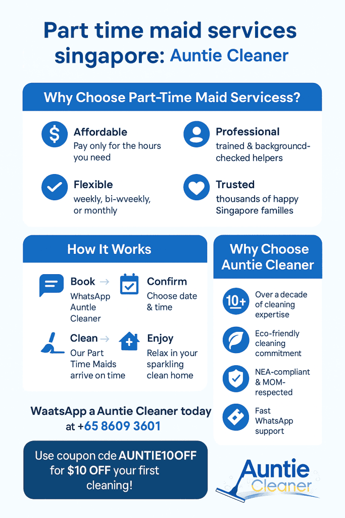 Infographic showing part time maid services in Singapore by Auntie Cleaner with benefits, booking steps, and $10 off promo code