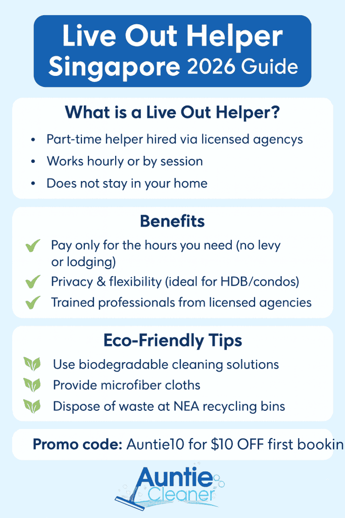 Infographic guide to live out helpers in Singapore 2026, showing definition, benefits, eco-friendly tips, and Auntie Cleaner promo code Auntie10 for $10 OFF.