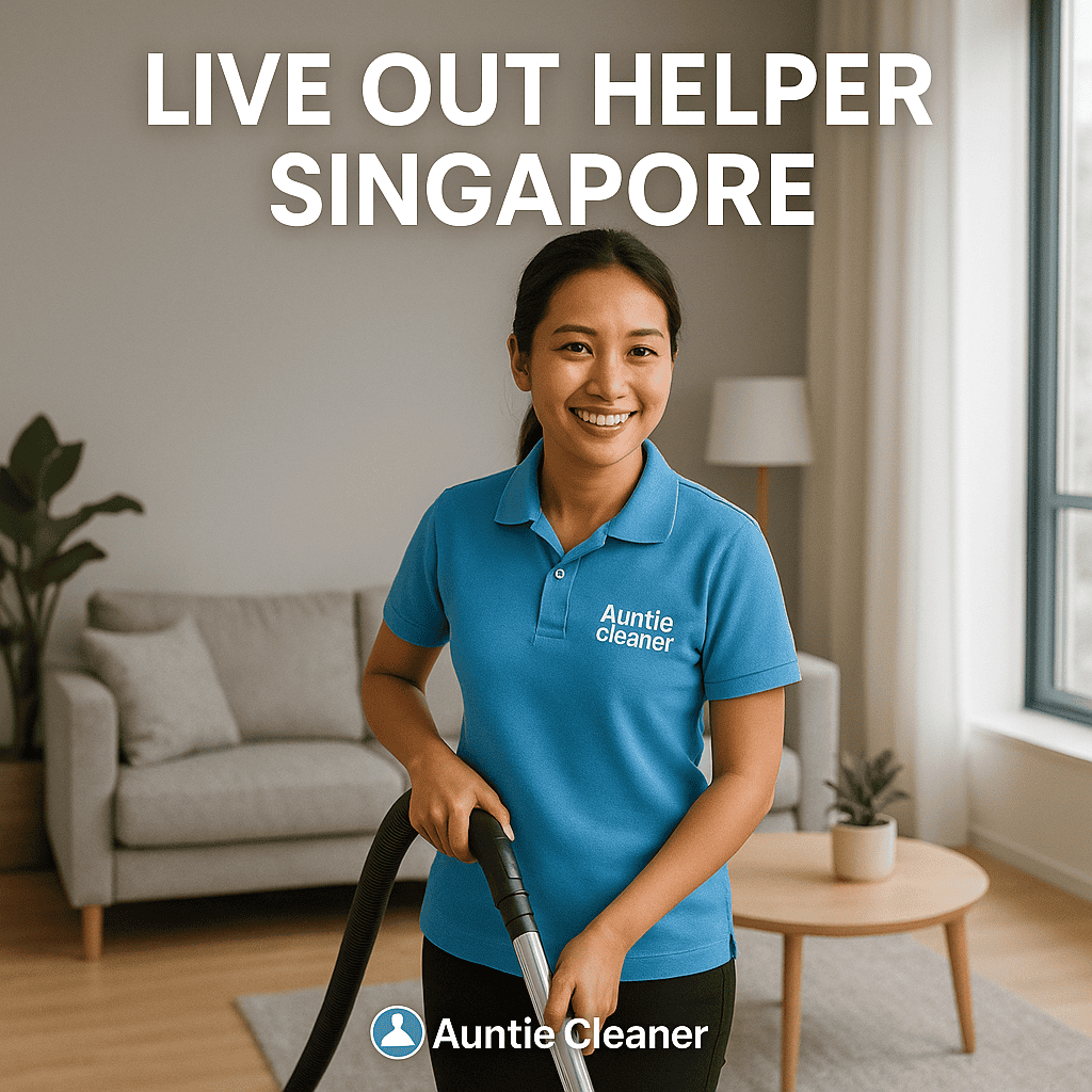 Live out helper in eco-blue Auntie Cleaner uniform cleaning a Singapore condo living room.
