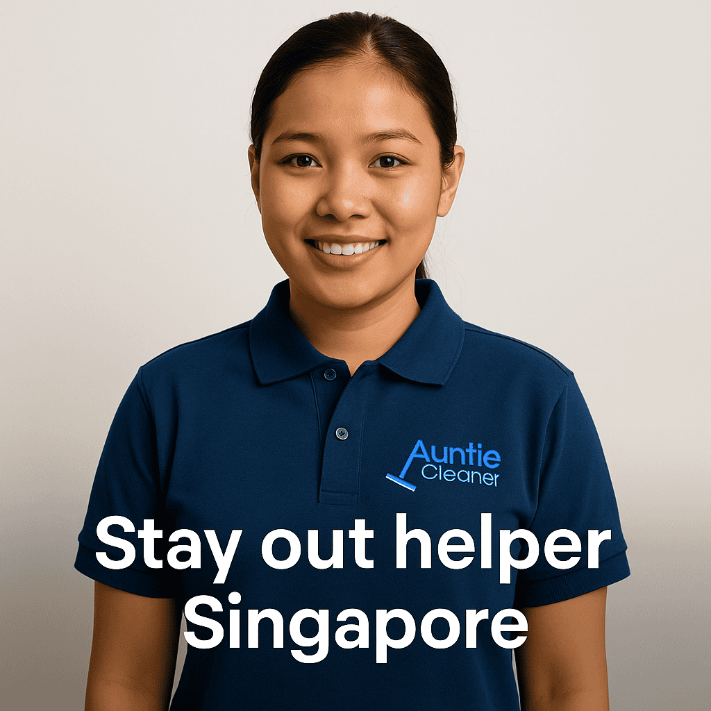 Friendly part-time maid in navy blue Auntie Cleaner uniform, representing stay-out helper services in Singapore