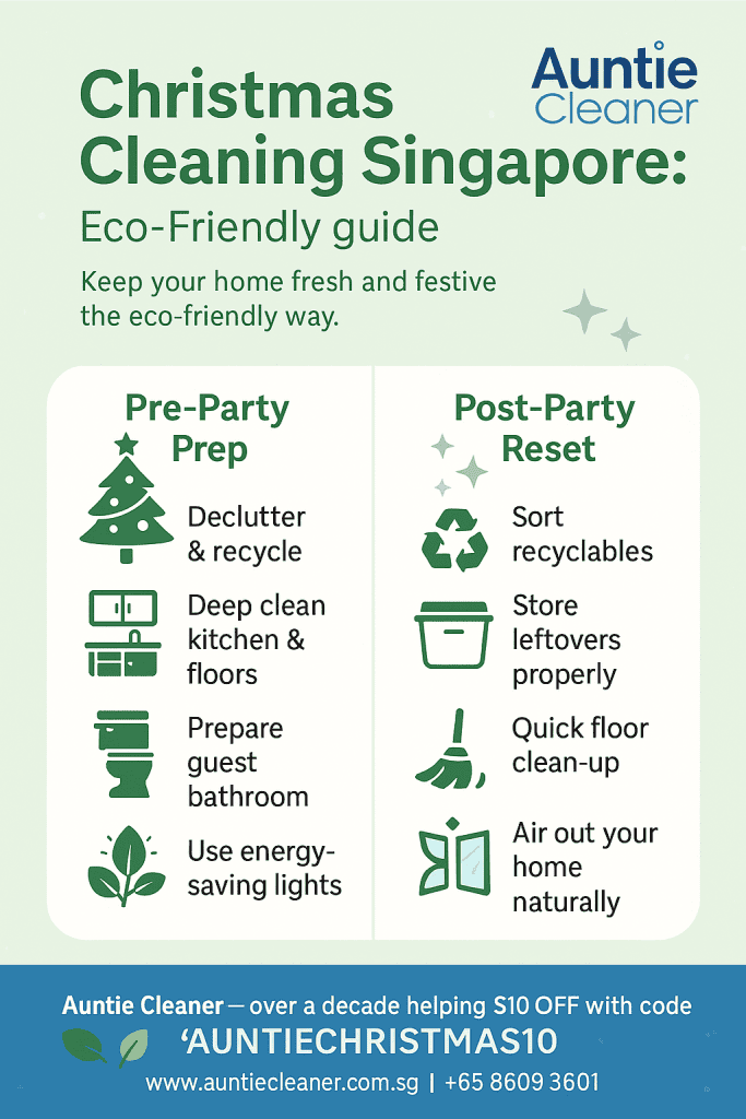 Infographic showing eco-friendly Christmas cleaning tips for Singapore homes, created by Auntie Cleaner