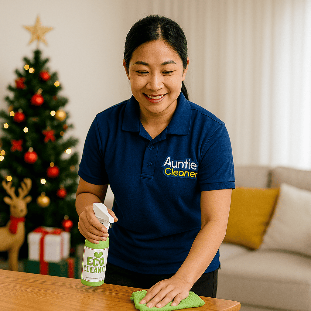 Asian cleaner from Auntie Cleaner using eco-friendly spray to clean a Singapore living room decorated for Christmas