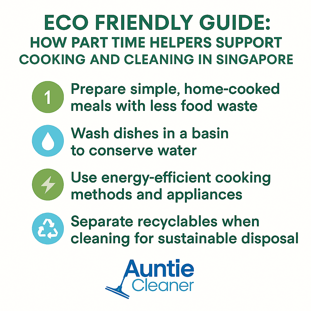 Educational infographic showing eco friendly habits such as using local ingredients, reusing rags, saving energy, and recycling waste created by Auntie Cleaner in Singapore.